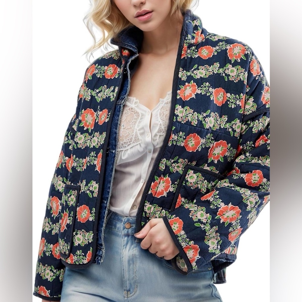 Women's Cropped Quilted Jacket Floral Printed LightWeight Padded Puffer Cardigan